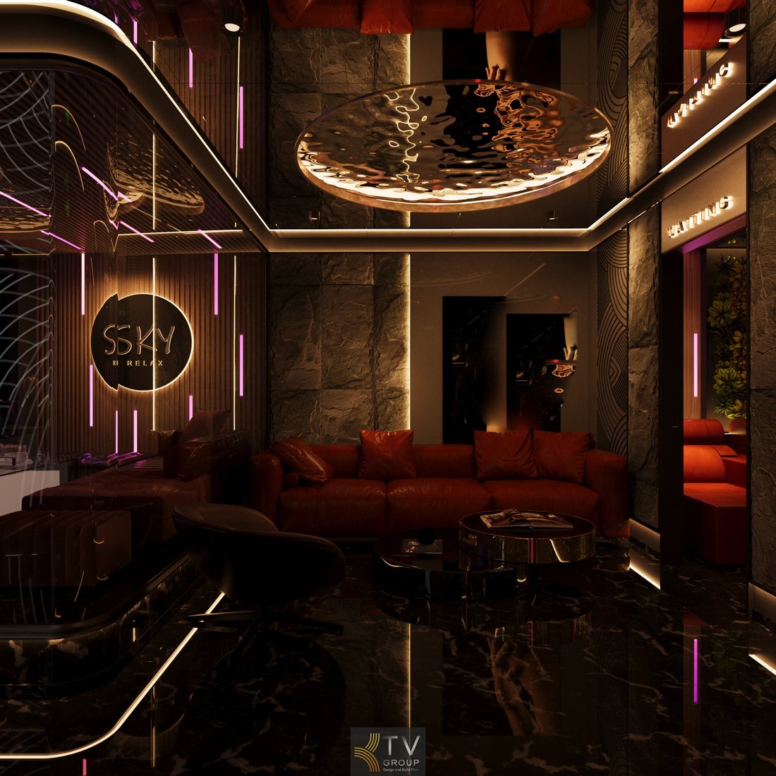 Mẫu thiết kế thi công sảnh lễ tân spa massage cao cấp Quận 1 TPHCM với khu lounge chờ sang trọng, ánh sáng ấm, nội thất hiện đại, chuẩn mô hình kinh doanh