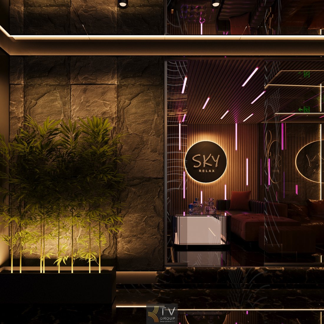 Mẫu thiết kế thi công sảnh lễ tân spa massage cao cấp Quận 1 TPHCM với tiểu cảnh xanh, lounge chờ riêng tư, ánh sáng cảm xúc, không gian sang trọng hiện đại