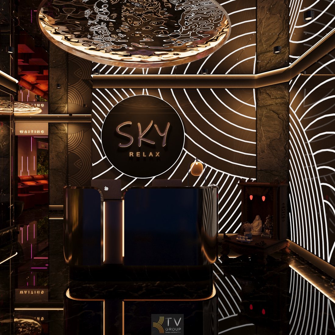 Sảnh lễ tân massage cao cấp với quầy tiếp đón hiện đại, ánh sáng nghệ thuật, thiết kế sang trọng, không gian trải nghiệm thư giãn xu hướng tại dự án KTV Group.