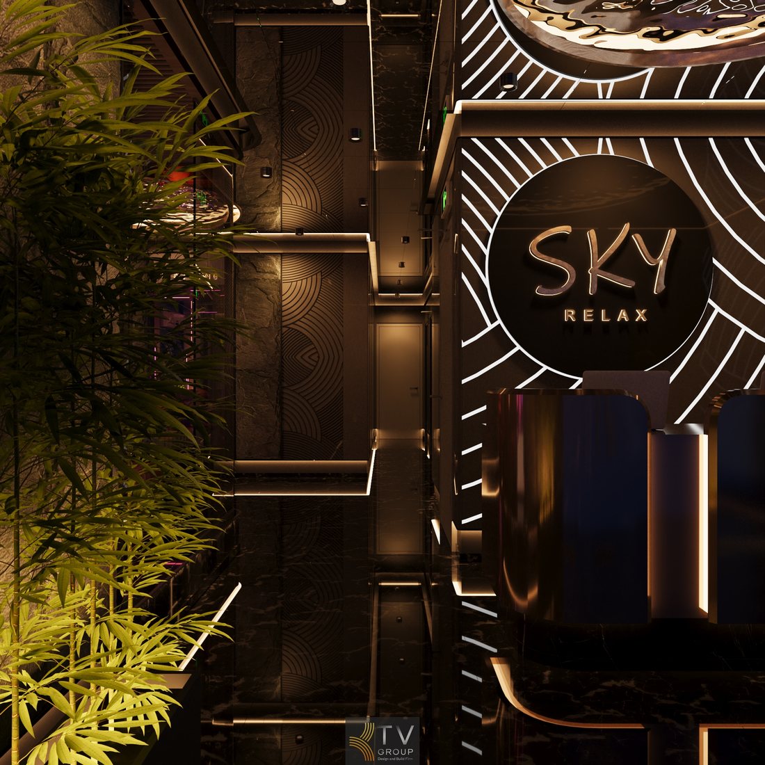 Góc sảnh lễ tân dự án thiết kế thi công setup massage cao cấp SKY RELAX với ánh sáng nghệ thuật, vật liệu sang trọng, không gian trải nghiệm thư giãn hiện đại