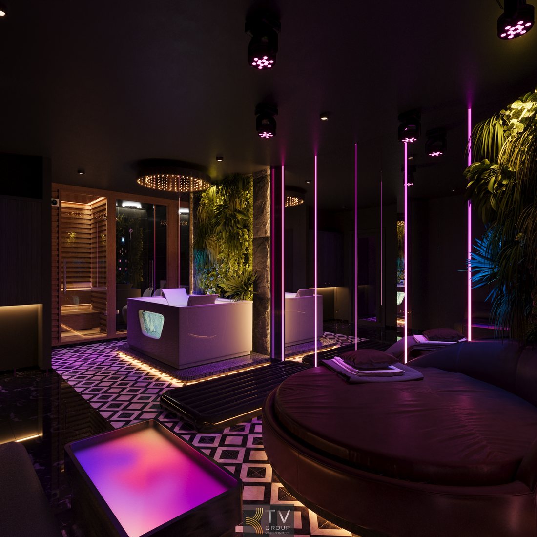 Góc phòng massage VIP trải nghiệm cao cấp tầng 2, thiết kế giường massage tròn, bồn ngâm thư giãn, ánh sáng LED hiện đại, không gian sang trọng Quận 1 TPHCM 