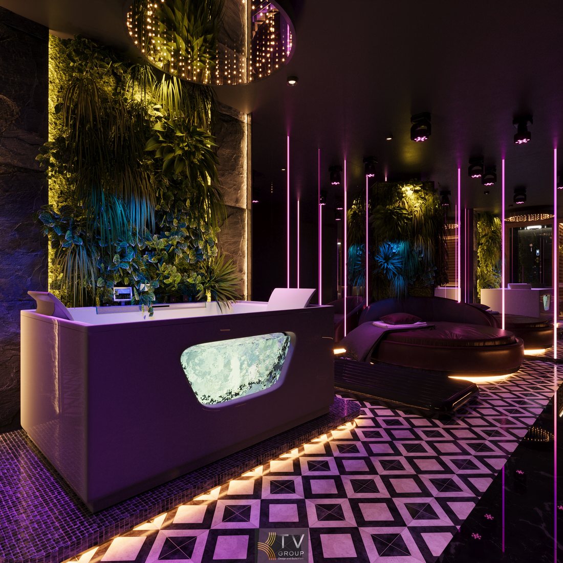 Góc phòng massage VIP cao cấp tích hợp bồn ngâm thư giãn, giường massage trung tâm, ánh sáng LED nghệ thuật, thiết kế sang trọng cho spa massage tại TPHCM 