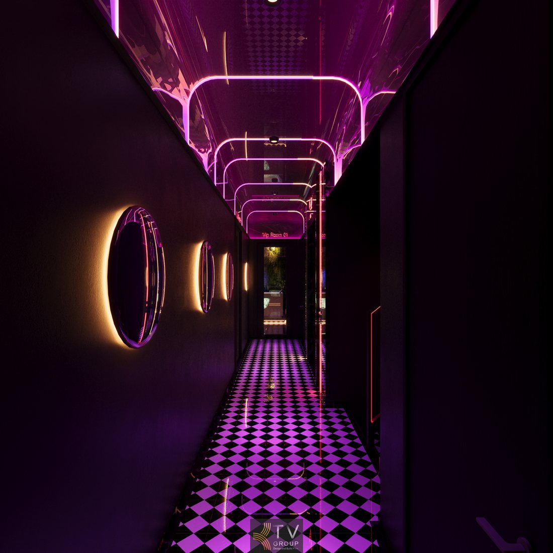 Hành lang dự án massage cao cấp với ánh sáng LED nghệ thuật, sàn họa tiết hiện đại, thiết kế không gian riêng tư kết nối các phòng massage VIP 