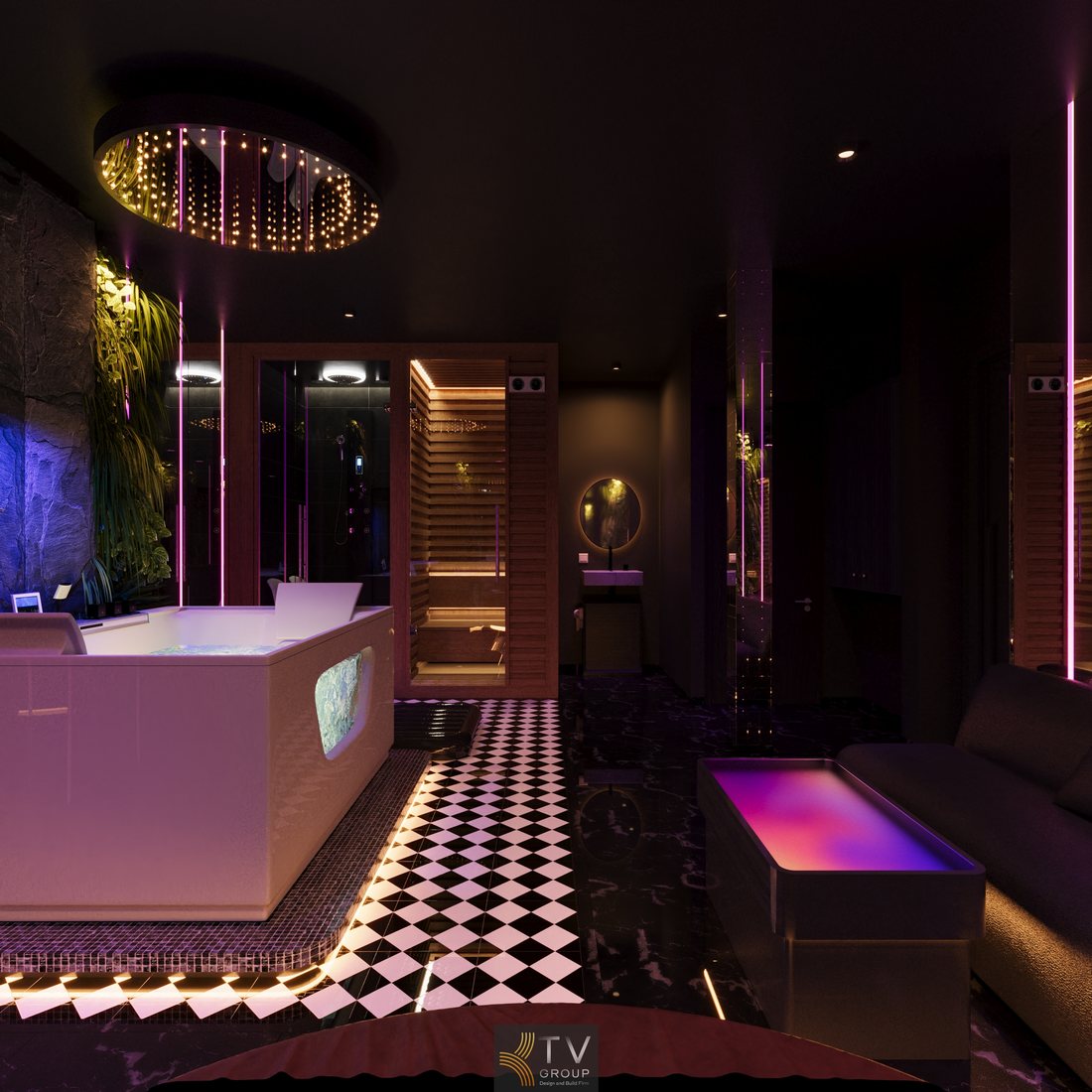 Phòng massage VIP cao cấp với bồn tắm thư giãn, ánh sáng LED nghệ thuật, thiết kế hiện đại tối ưu trải nghiệm khách hàng 