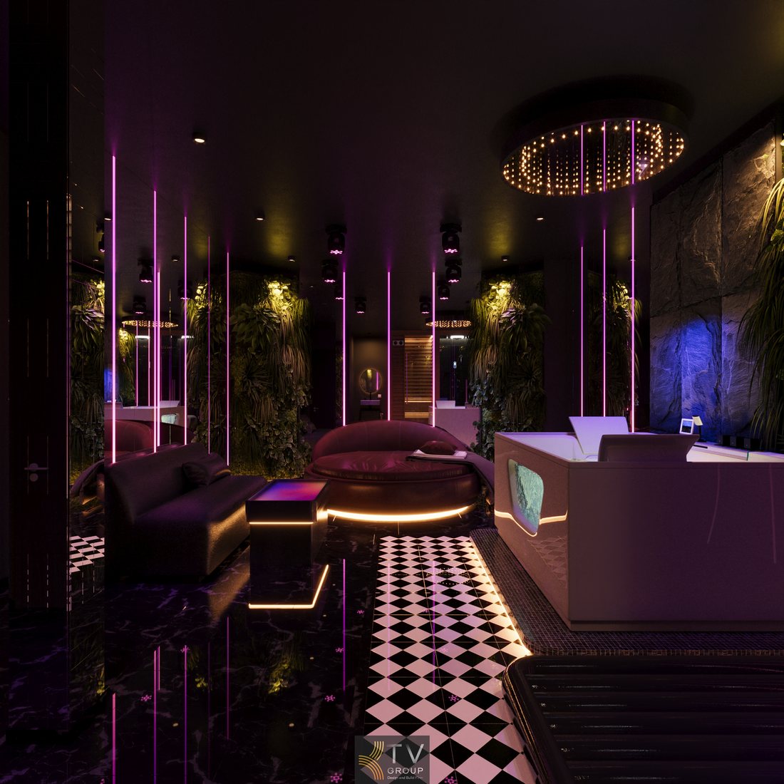 Phòng massage VIP cao cấp với giường trị liệu trung tâm, bồn tắm thư giãn, ánh sáng LED nghệ thuật và thiết kế hiện đại 