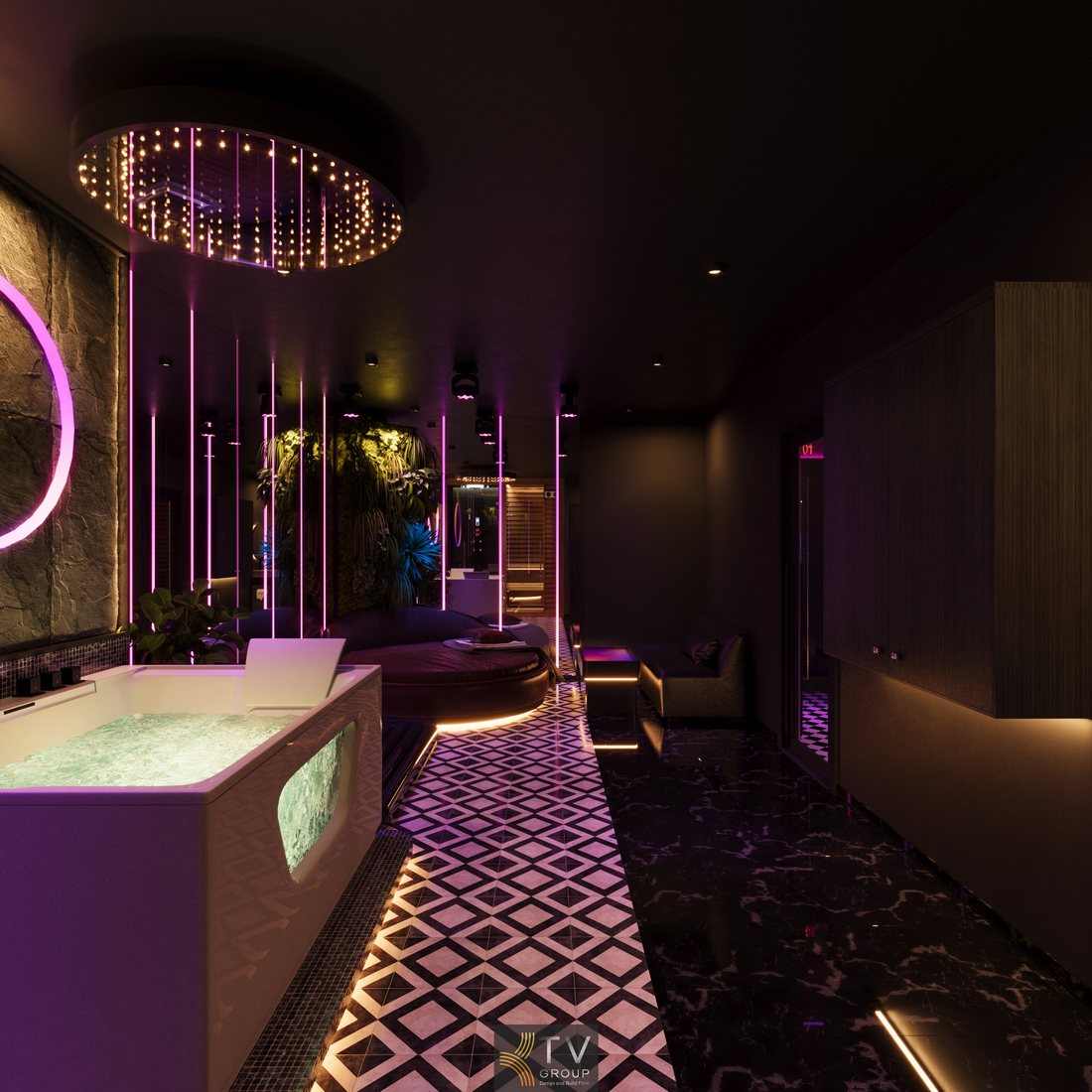 Không gian phòng massage VIP cao cấp với giường trị liệu trung tâm, ánh sáng LED nghệ thuật, thiết kế hiện đại và riêng tư 