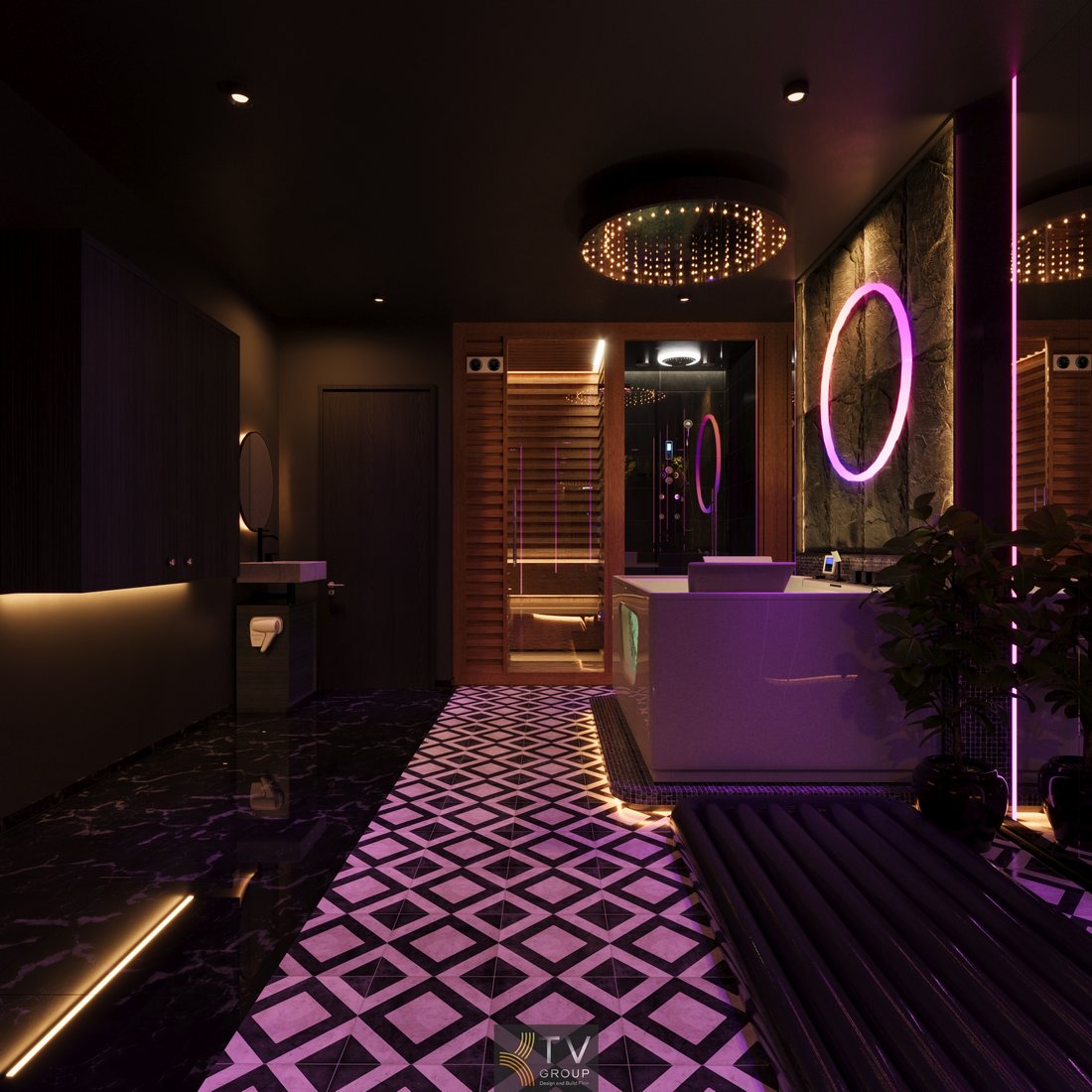 Khu vệ sinh và xông hơi phòng massage VIP với bồn tắm, ánh sáng LED nghệ thuật và thiết kế nội thất hiện đại cao cấp 