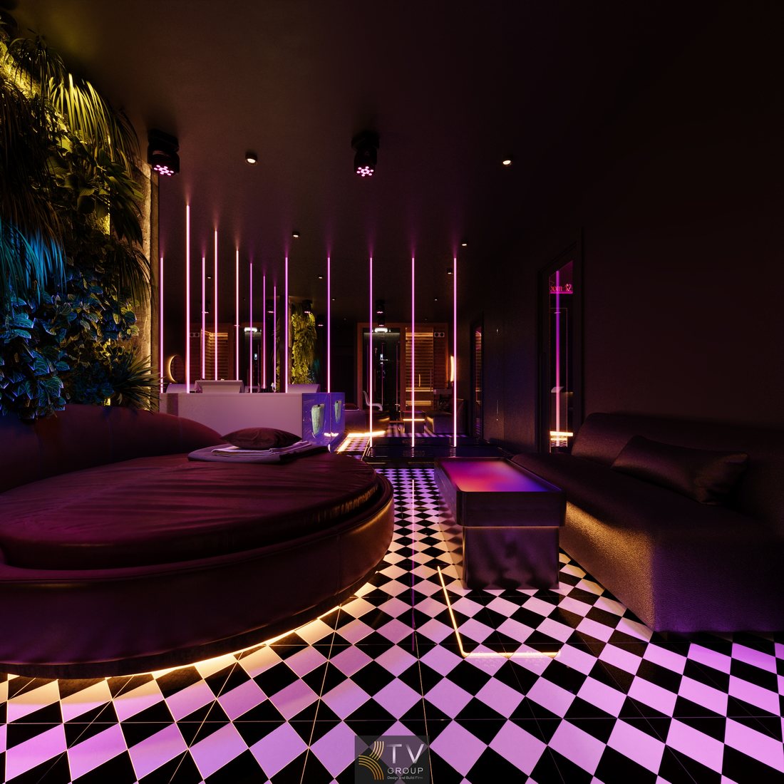 Góc phòng massage VIP với giường trị liệu tròn, sofa thư giãn, ánh sáng LED nghệ thuật và sàn caro, thiết kế cao cấp cho spa massage chuyên nghiệp.