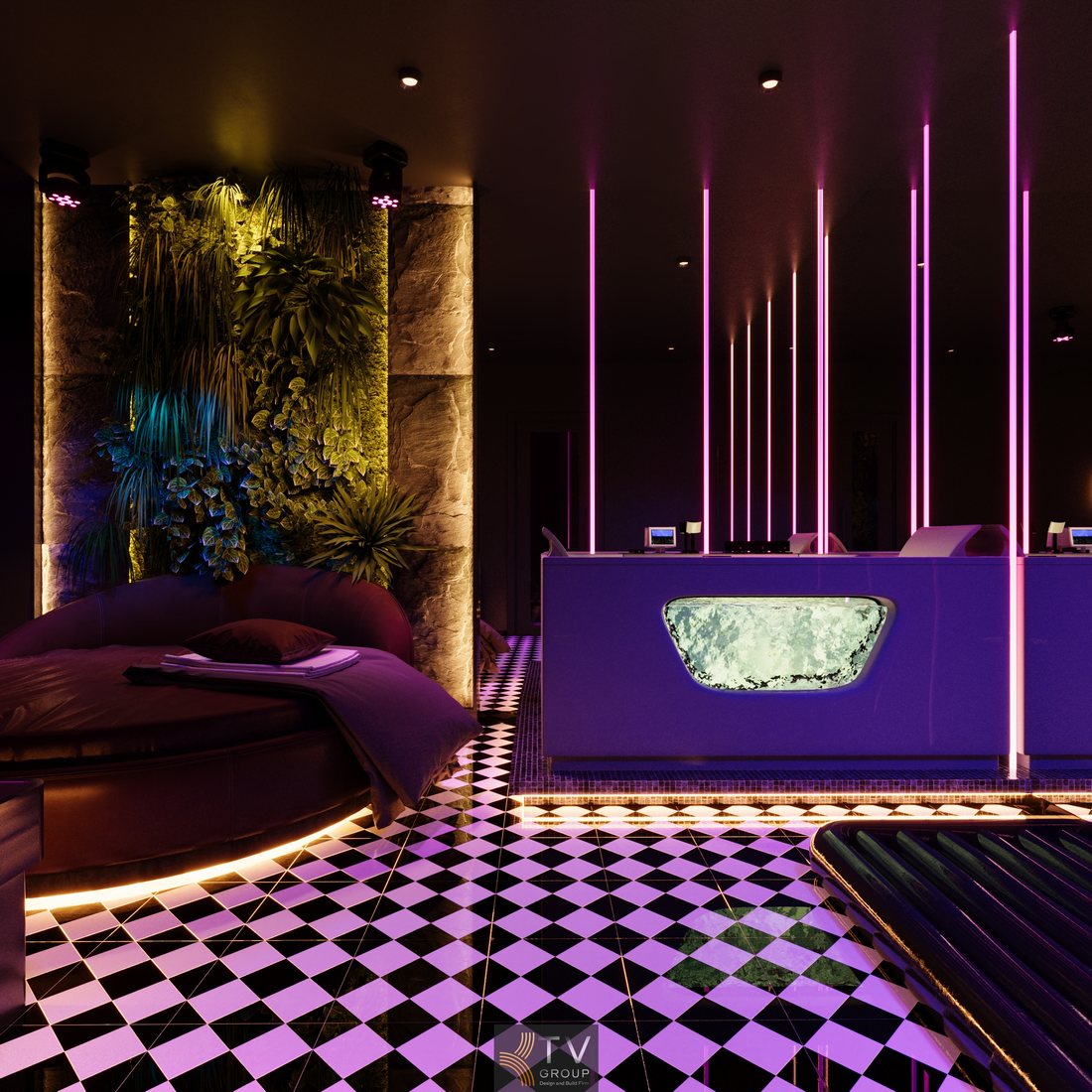 Góc phòng massage VIP với giường trị liệu, bồn ngâm cao cấp, mảng tường xanh và ánh sáng LED, thiết kế tối ưu công năng spa massage.