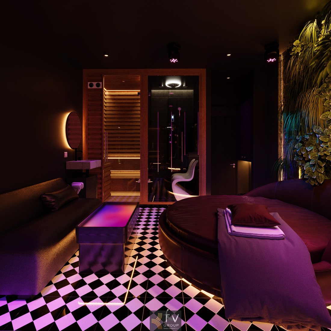 Phòng massage VIP khép kín với giường trị liệu, khu xông hơi gỗ và phòng tắm kính, thiết kế sang trọng, ánh sáng LED thư giãn.