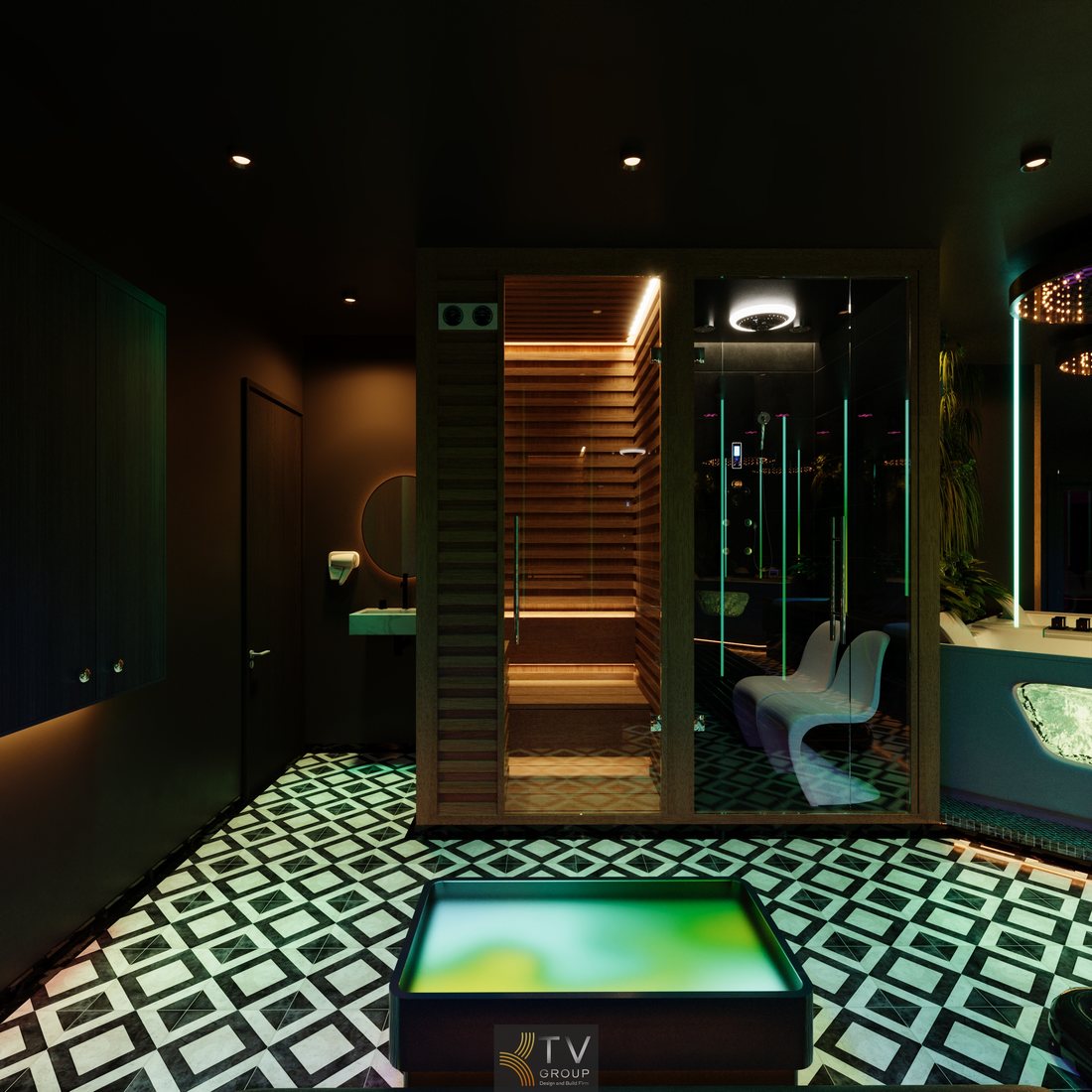 Góc phòng xông hơi và khu tiện ích phòng Massage VIP với thiết kế sauna gỗ, phòng tắm kính hiện đại, ánh sáng thư giãn cao cấp tại TP.HCM.