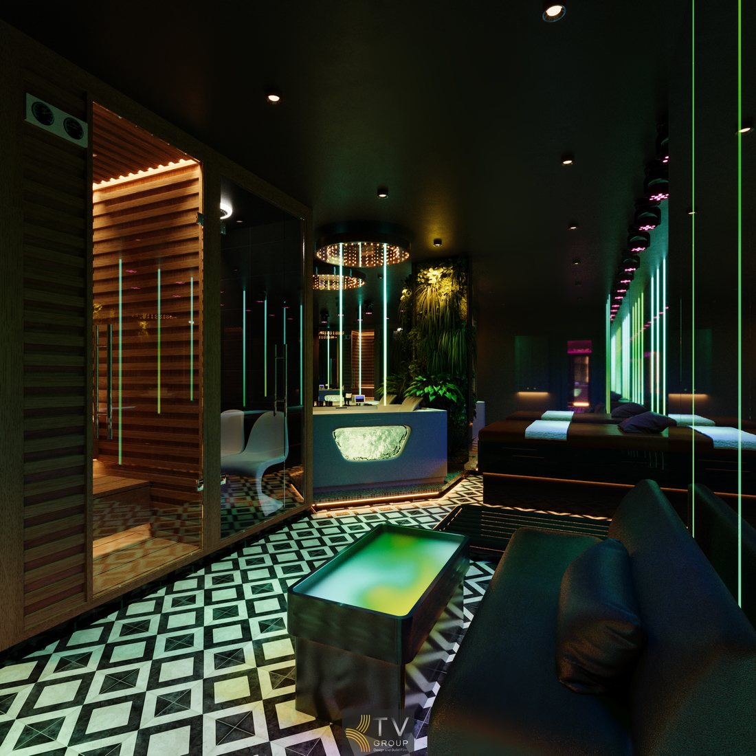 Góc phòng Massage VIP đa chức năng với giường massage, phòng xông hơi, khu tắm kính và ánh sáng thư giãn phong cách Luxury tại TP.HCM.