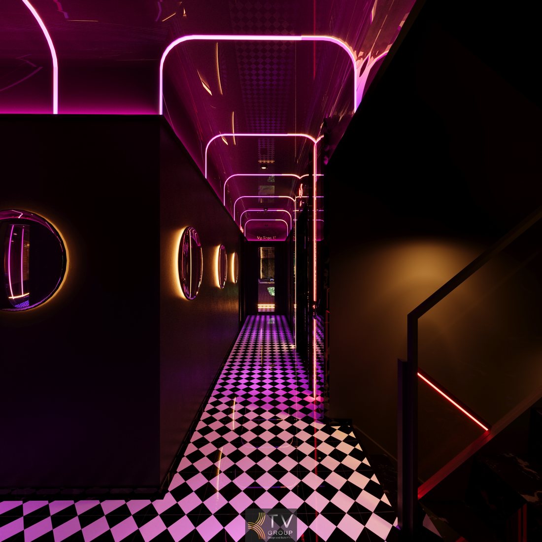 Hành lang trung tâm massage VIP phong cách Luxury với trần LED bo cong, sàn caro đen trắng, ánh sáng nghệ thuật tạo chiều sâu không gian cao cấp