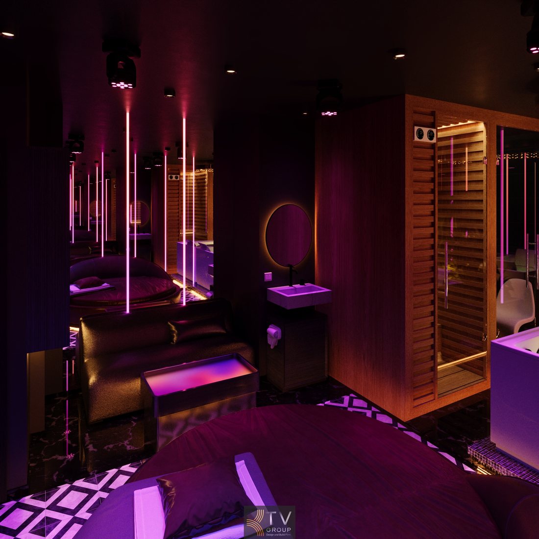 Góc phòng massage VIP khép kín tích hợp xông hơi, ánh sáng LED nghệ thuật, thiết kế sang trọng, tối ưu trải nghiệm thư giãn cao cấp do KTV GROUP thực hiện.