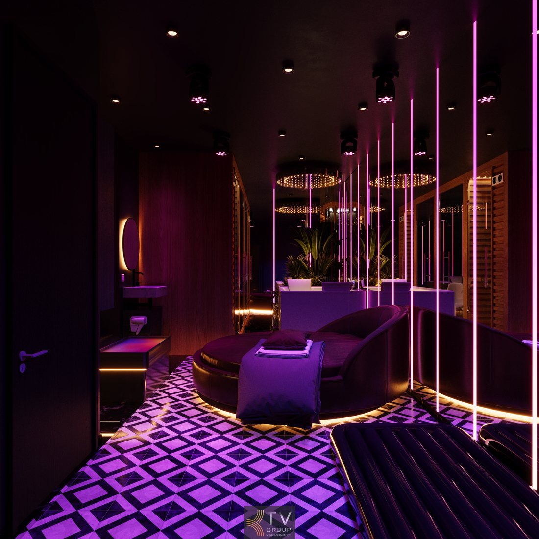 Góc trung tâm phòng massage VIP với giường bo tròn, đèn LED nghệ thuật, thiết kế sang trọng, tối ưu trải nghiệm thư giãn cao cấp tại Quận 1 TP.HCM.