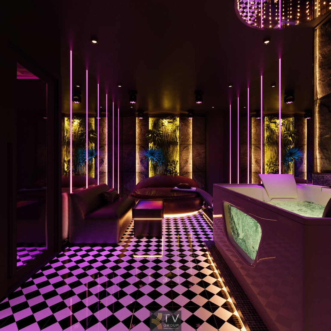 Góc phòng massage VIP thiết kế hiện đại với giường trị liệu, bồn ngâm thư giãn, ánh sáng LED nghệ thuật và sàn caro nổi bật, phù hợp spa cao cấp.