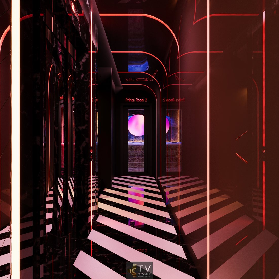 Hành lang dẫn phòng massage VIP phong cách Luxury Futuristic, trần LED bo cong, sàn kẻ sọc tương phản, ánh sáng đỏ định hướng không gian