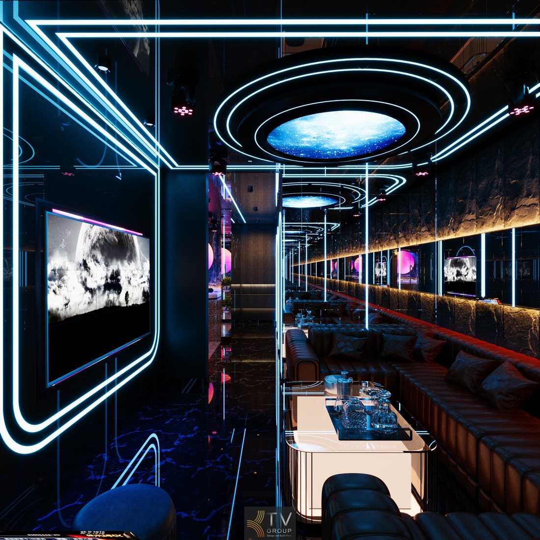 Góc KTV karaoke massage cao cấp với LED xanh futuristic, sofa da sang trọng, trần gương phản chiếu, không gian giải trí trải nghiệm hiện đại. 