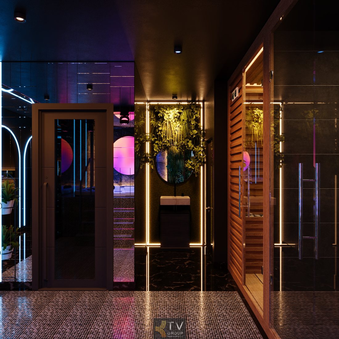 Khu spa ướt sauna cao cấp trong dự án thiết kế thi công spa massage kết hợp KTV karaoke, bố cục hiện đại, vật liệu cao cấp, ánh sáng nghệ thuật