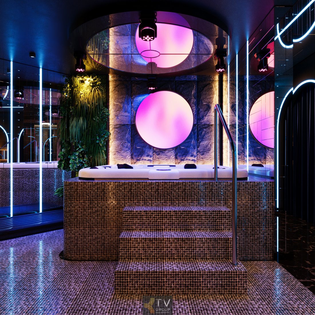 Bồn Jacuzzi trung tâm spa ướt cao cấp trong thiết kế spa massage kết hợp KTV karaoke