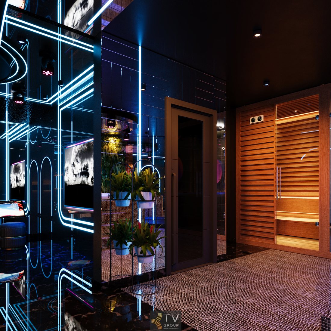 Hành lang spa massage cao cấp kết hợp KTV karaoke, thiết kế gương LED hiện đại, cửa cách âm, vật liệu sang trọng, tối ưu công năng và trải nghiệm kinh doanh