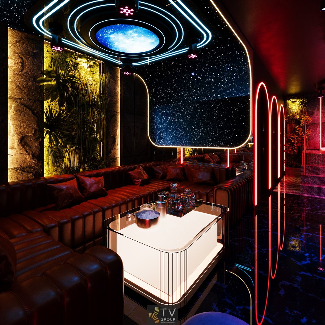 Thiết kế phòng KTV karaoke trong spa massage cao cấp, ánh sáng LED nghệ thuật, không gian giải trí riêng tư, chuẩn mô hình kinh doanh dịch vụ