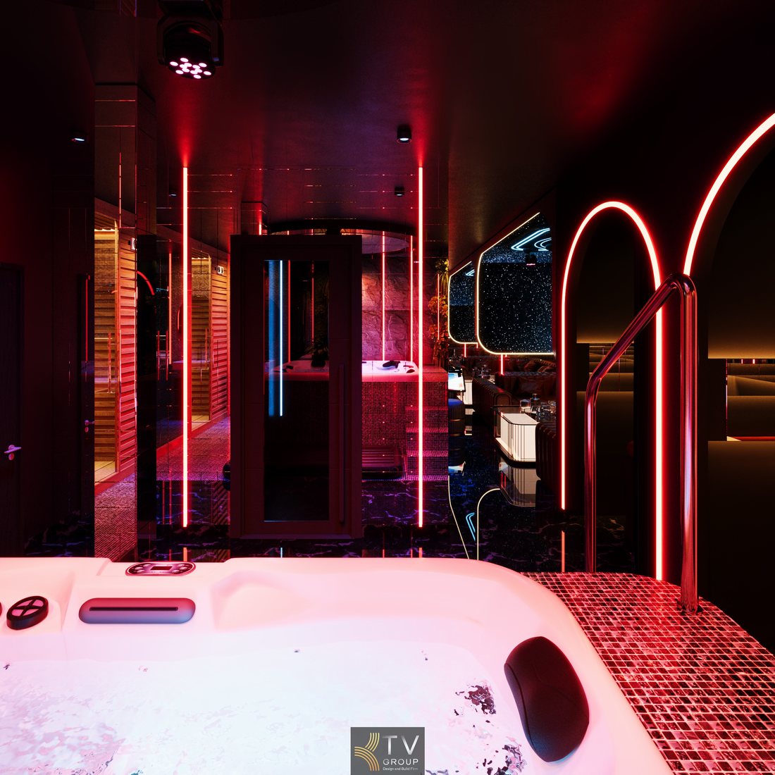 Phòng VIP spa massage cao cấp kết hợp KTV karaoke, thiết kế ánh sáng LED hiện đại, bồn tắm thư giãn, không gian riêng tư, tối ưu trải nghiệm và hiệu quả kinh doanh