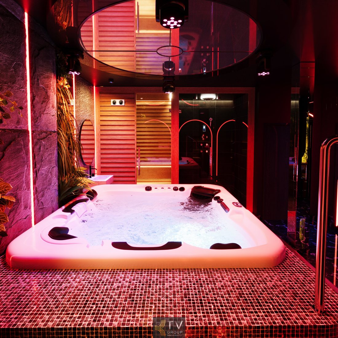 Bồn ngâm Jacuzzi massage cao cấp với ánh sáng LED đỏ, gạch mosaic sang trọng, không gian trị liệu nước riêng tư, thiết kế phòng massage VIP trải nghiệm.