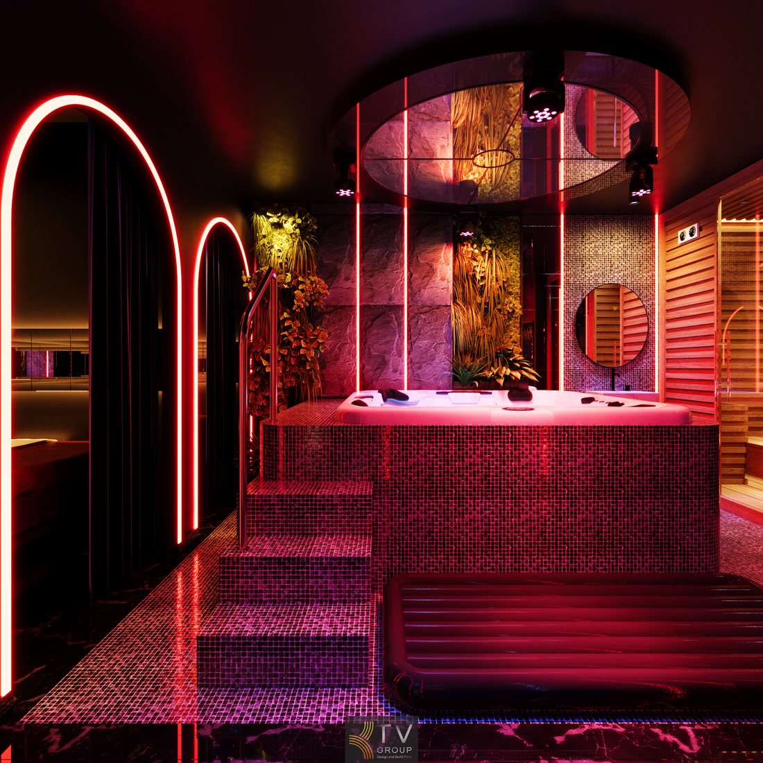 Bồn Jacuzzi massage VIP với bậc cấp mosaic, ánh sáng LED đỏ nghệ thuật, kết hợp không gian xông hơi và trang trí cây xanh sang trọng. 