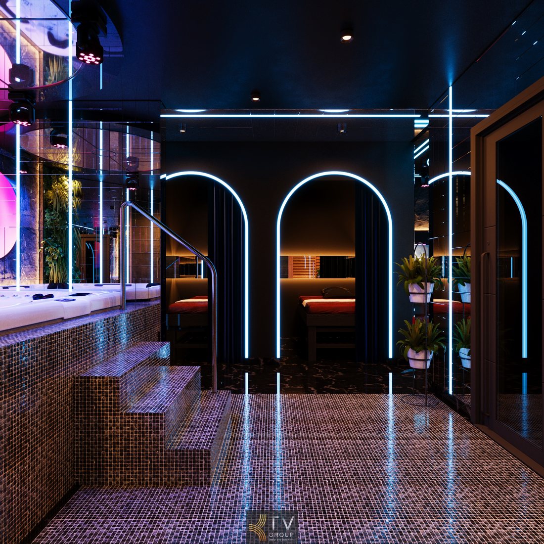 Khu sảnh spa massage cao cấp kết hợp bồn ngâm thư giãn, thiết kế LED hiện đại, không gian sang trọng trong mô hình giải trí đa trải nghiệm