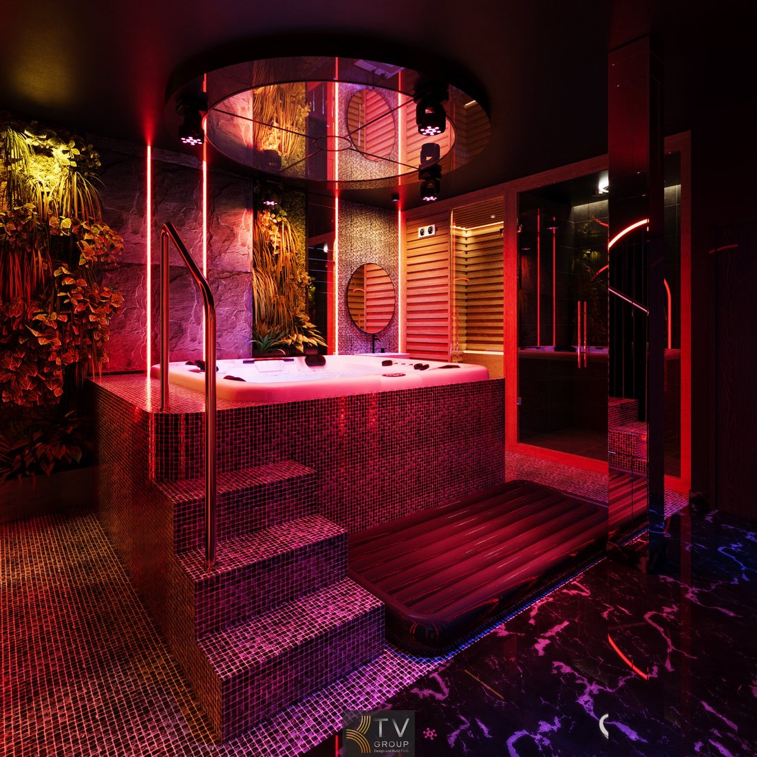 Bồn Jacuzzi massage VIP trung tâm với ánh sáng LED đỏ, trần gương phản chiếu, gạch mosaic cao cấp, không gian trị liệu nước sang trọng. 
