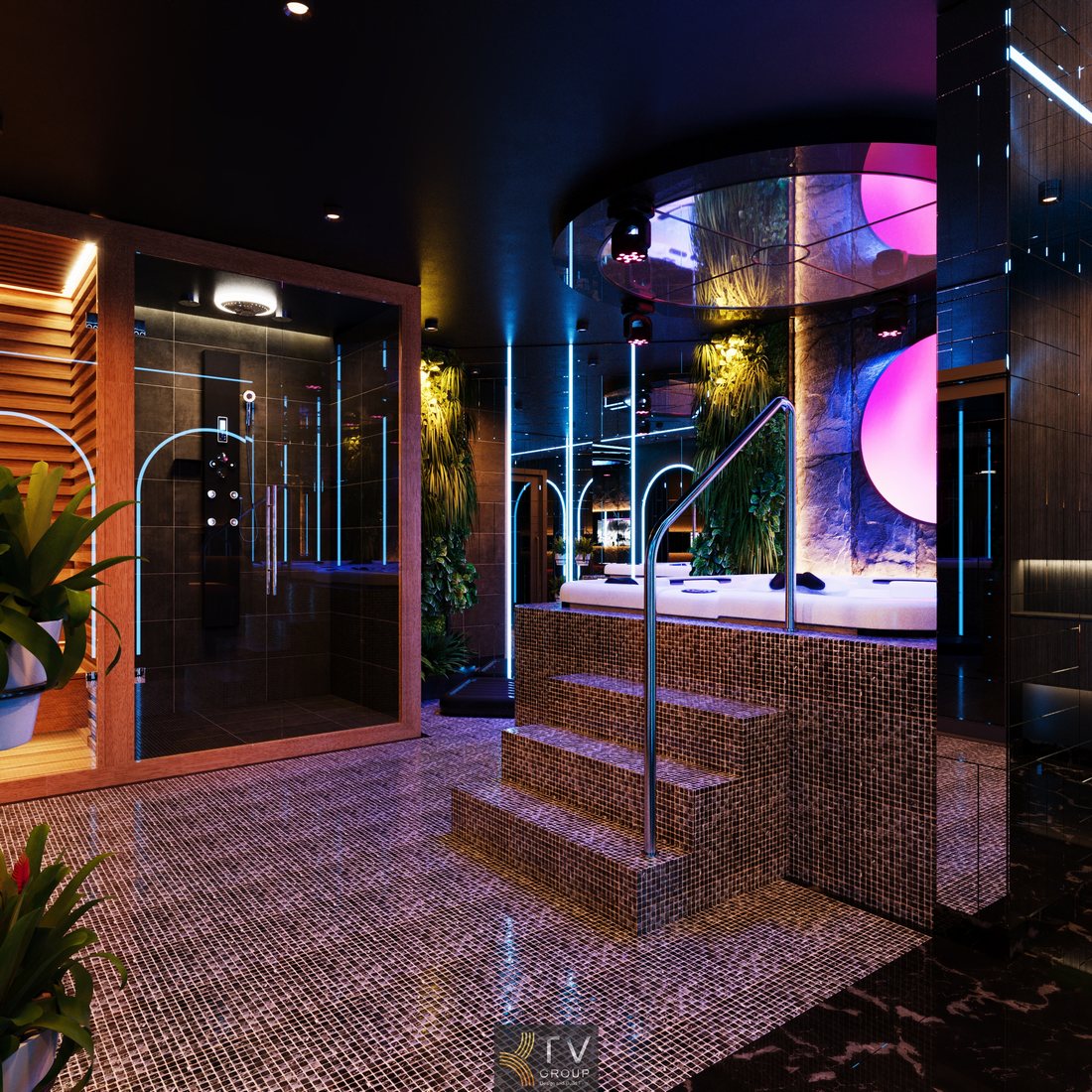 Khu spa ướt cao cấp với bồn ngâm thư giãn, thiết kế ánh sáng hiện đại trong mô hình spa massage kết hợp KTV karaoke