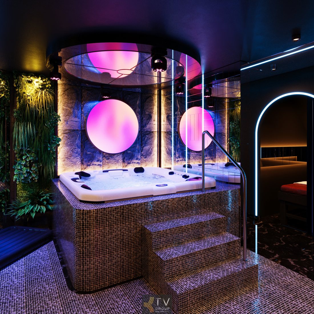 Khu bồn Jacuzzi spa cao cấp với ánh sáng nghệ thuật trong mô hình spa massage kết hợp KTV karaoke