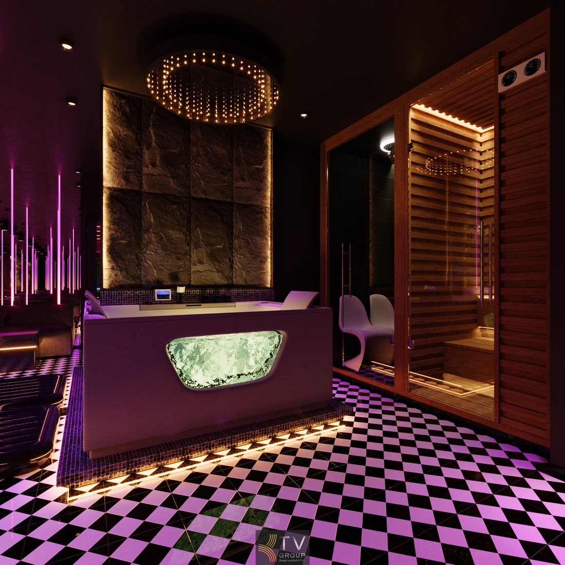 Thiết kế phòng spa cao cấp có sauna khô, quầy đá xuyên sáng, ánh sáng ấm, bố cục sang trọng, phù hợp mô hình spa thư giãn chuẩn kinh doanh.