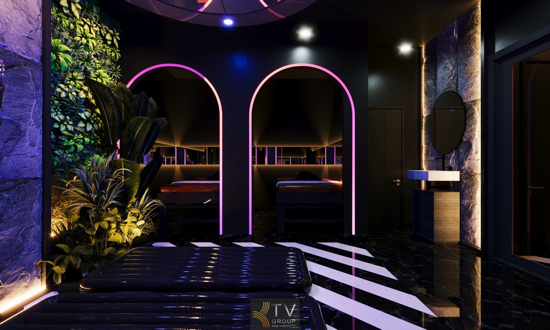 Thiết kế không gian massage thư giãn với vòm LED cong, giường nghỉ riêng tư, ánh sáng dịu, vật liệu đá và cây xanh, phù hợp spa cao cấp tại TP.HCM.