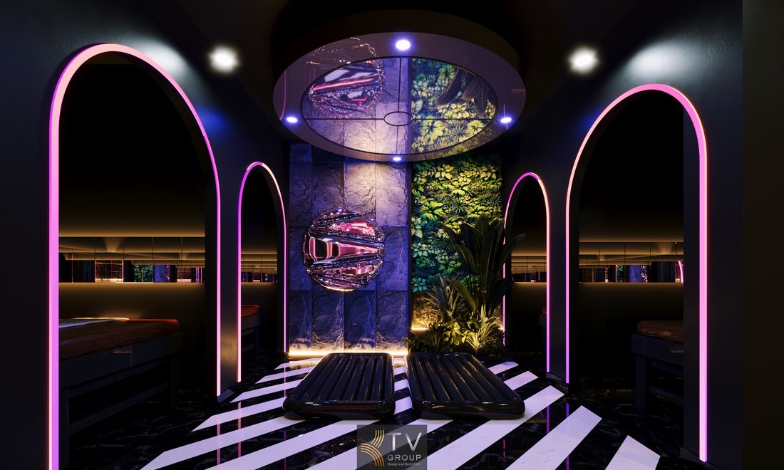 Thiết kế phòng massage giường đôi với vòm LED cong, ánh sáng dịu, vật liệu đá và cây xanh, không gian riêng tư phù hợp spa cao cấp chuẩn kinh doanh.