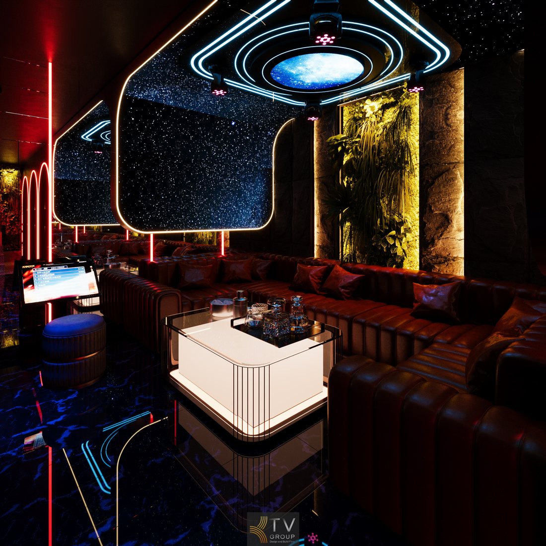Không gian karaoke VIP Galaxy LED 5D cao cấp kết hợp thiết kế hiện đại, ánh sáng công nghệ cao và nội thất sang trọng, mang lại trải nghiệm giải trí đẳng cấp, phù hợp triển khai cho mô hình KTV VIP – nightlife tại TP.HCM. 
