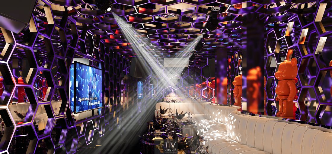 Mẫu phòng karaoke VIP Concept Hexa Neon Matrix nổi bật với ánh sáng LED hình học hiện đại, tạo trải nghiệm giải trí cao cấp, khác biệt và cực kỳ hút khách. 