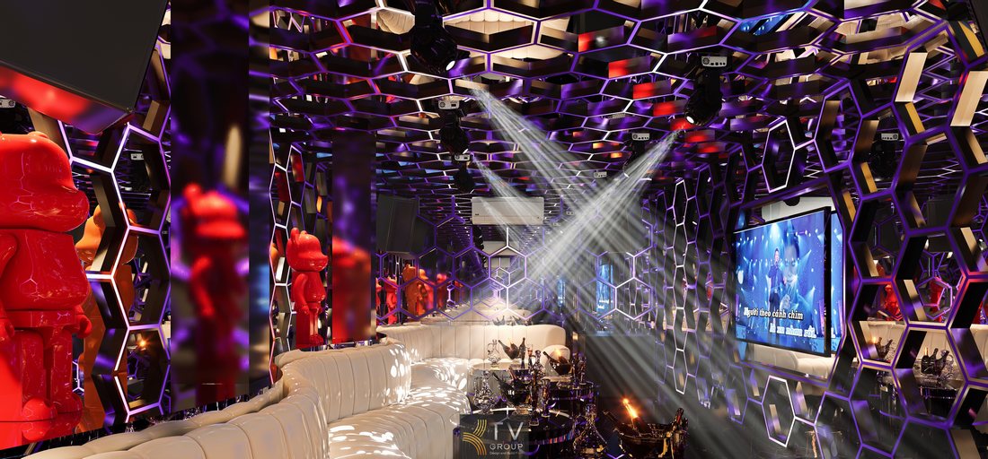Không gian phòng karaoke VIP Concept Hexa Neon Matrix nổi bật với hệ trần lục giác đa tầng, ánh sáng LED neon chuyển sắc mạnh mẽ 