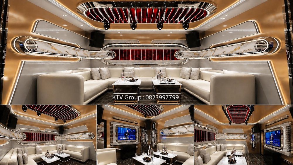 Mẫu thiết kế karaoke VIP nổi bật với phong cách hiện đại kết hợp gam màu vàng champagne sang trọng và hệ thống ánh sáng LED nghệ thuật tạo điểm nhấn mạnh mẽ
