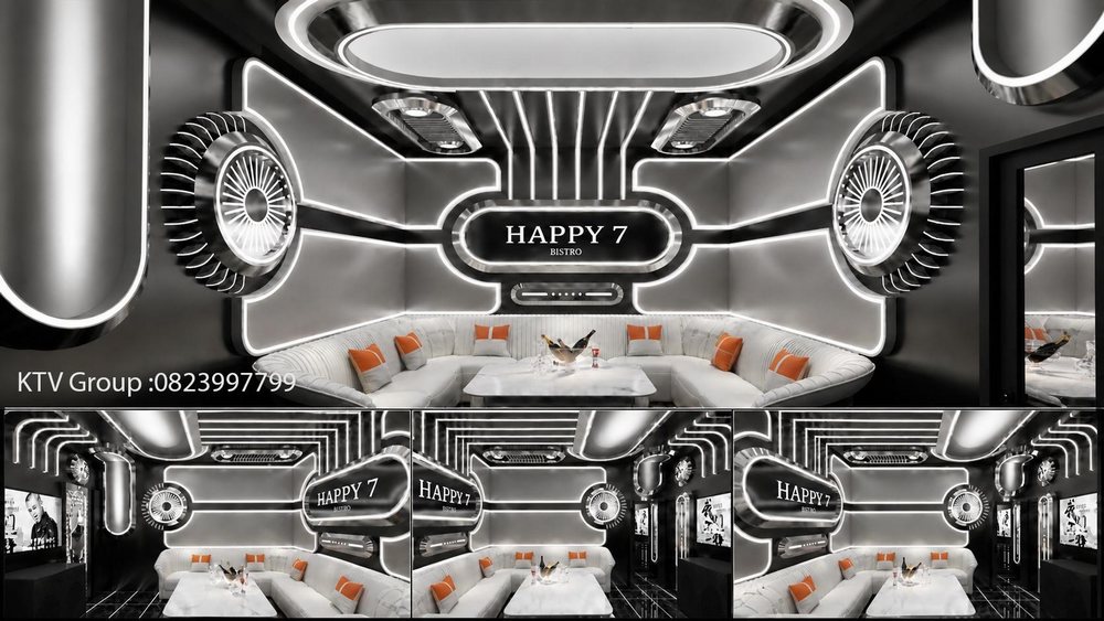 Không gian karaoke KTV cao cấp sử dụng tone trắng đen sang trọng kết hợp hiệu ứng ánh sáng LED tạo điểm nhấn đậm chất công nghệ tương lai.