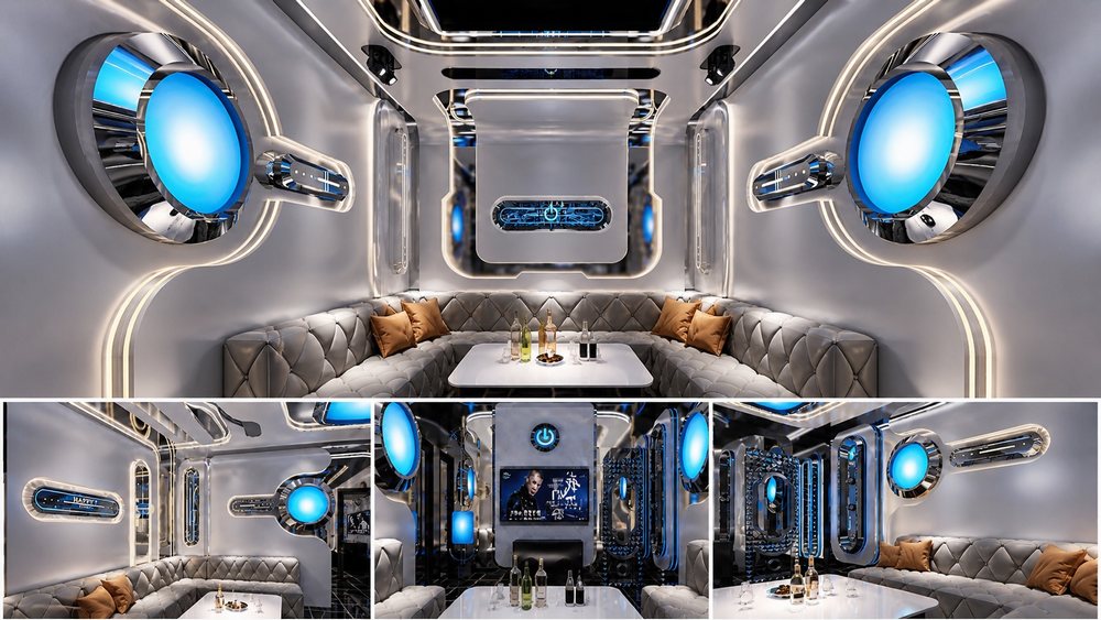Mẫu phòng karaoke KTV futuristic nổi bật với tone trắng xanh hiện đại, hệ LED công nghệ và nội thất sofa bo cong cao cấp chuẩn xu hướng 2026.