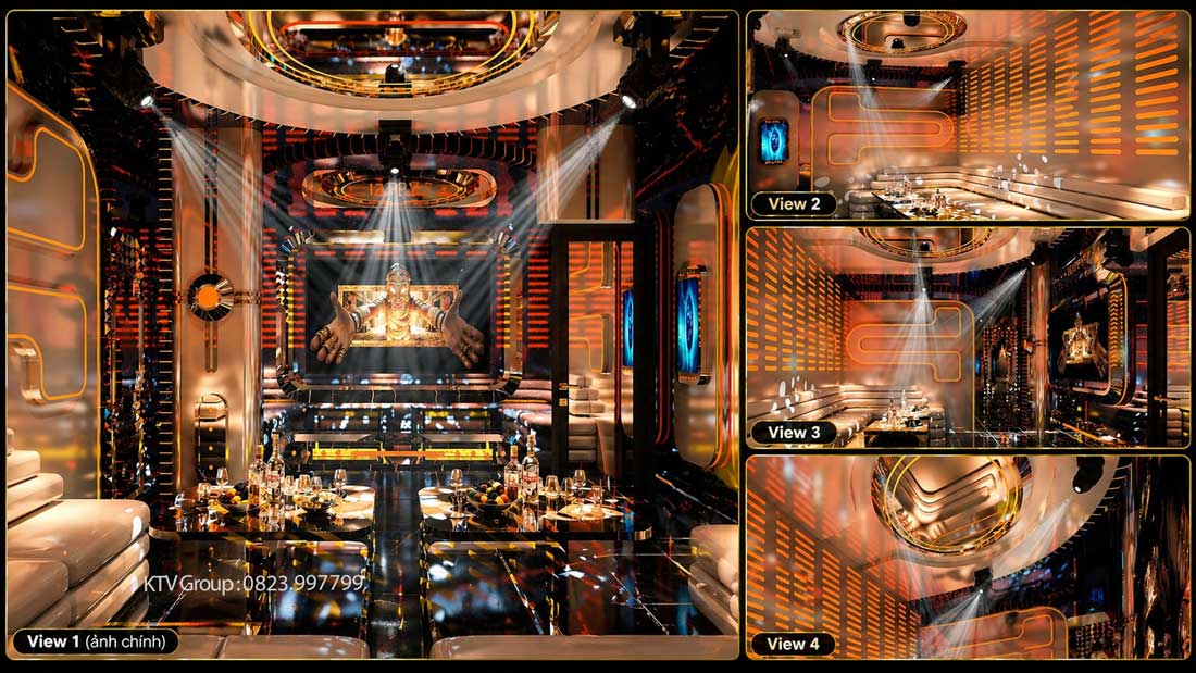 Phòng karaoke KTV Futuristic Luxury 2026 với ánh sáng LED cam nổi bật, trần đa tầng, vách kim loại hiện đại, nội thất cao cấp và không gian nightlife sang trọng, tối ưu trải nghiệm và hiệu quả kinh doanh.