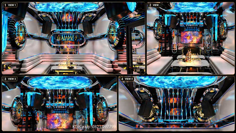 Thiết kế karaoke KTV VIP phong cách futuristic với trần LED nghệ thuật, nội thất hiện đại và không gian giải trí nightlife cao cấp nổi bật.