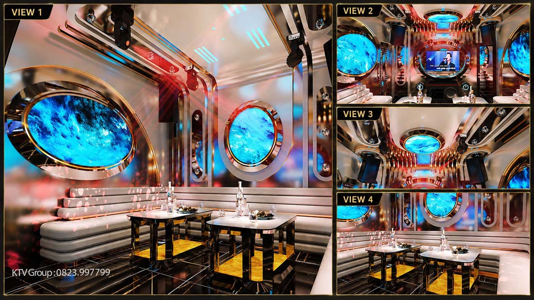 Mẫu thiết kế Karaoke KTV cao cấp sử dụng màn hình LED đại dương 3D, đường nét bo cong mềm mại cùng ánh sáng nghệ thuật tạo nên trải nghiệm giải trí khác biệt.
