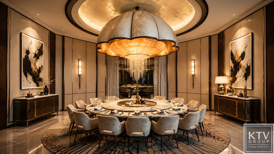 Thiết kế phòng VIP nhà hàng Fine Dining sang trọng tại TPHCM Thi công nội thất phòng VIP nhà hàng cao cấp Modern Luxury Mẫu phòng VIP nhà hàng bàn tròn mâm xoay hiện đại Nội thất phòng ăn VIP nhà hàng phong cách Fine Dining Thiết kế phòng VIP nhà hàng tiếp khách doanh nhân cao cấp Không gian phòng VIP nhà hàng với đèn chùm nghệ thuật Thi công phòng VIP nhà hàng sang trọng trọn gói tại TPHCM Phòng VIP nhà hàng cao cấp kết hợp ăn uống và karaoke Thiết kế nội thất phòng riêng nhà hàng Luxury hiện đại Mẫu thiết kế phòng VIP nhà hàng đẹp đẳng cấp bởi KTV GROUP