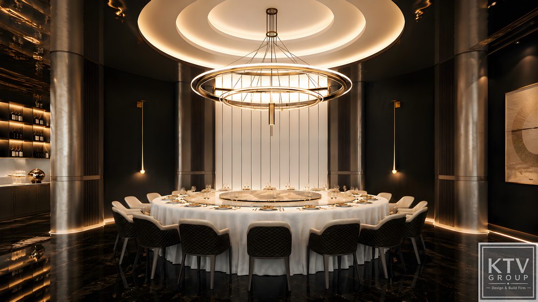 Thiết kế phòng VIP nhà hàng cao cấp phong cách Modern Luxury tại TP.HCM Nội thất phòng VIP nhà hàng sang trọng bàn tròn lớn đèn chùm nghệ thuật Thi công phòng ăn VIP nhà hàng hiện đại sử dụng đá và kim loại cao cấp Mẫu phòng VIP nhà hàng Fine Dining đẹp đẳng cấp chuẩn 5 sao Thiết kế nội thất phòng riêng nhà hàng sang trọng tối ưu công năng