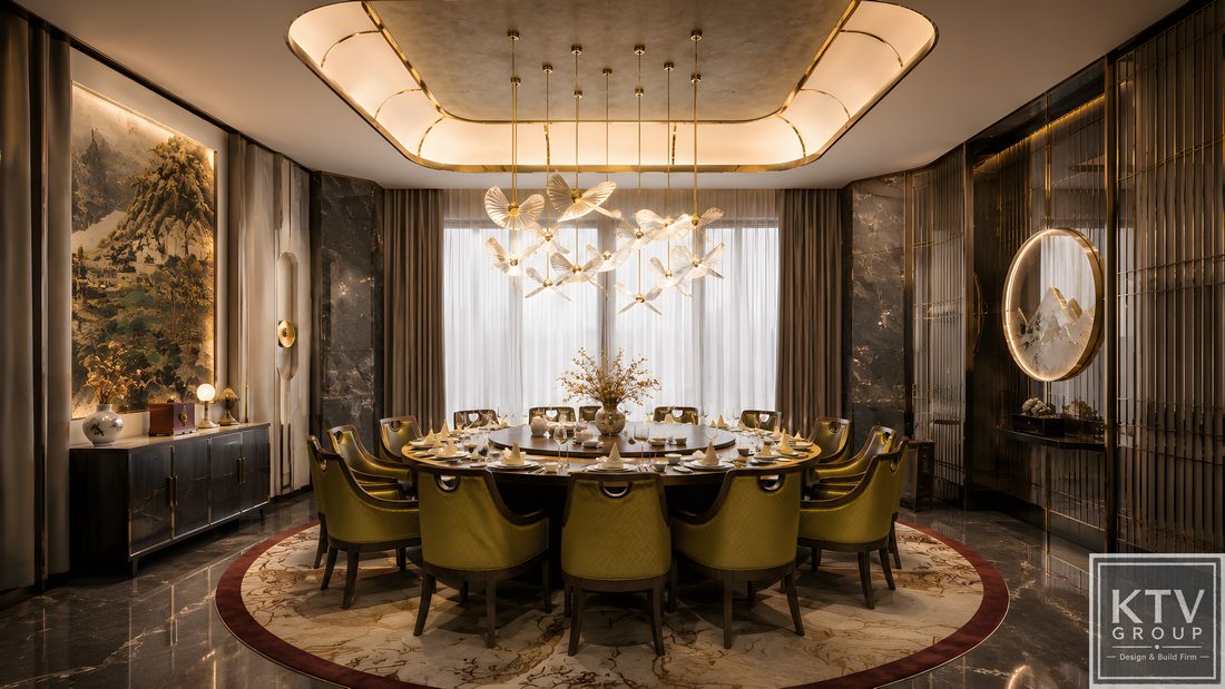 Không gian phòng VIP nổi bật với thiết kế Luxury hiện đại, trần đèn nghệ thuật độc đáo, bàn tiệc tròn lớn cùng vật liệu cao cấp. Giải pháp tối ưu cho nhà hàng cao cấp, đáp ứng nhu cầu tiếp khách VIP, hội họp, tiệc sinh nhật, ca hát và trải nghiệm ẩm thực hoàn hảo.