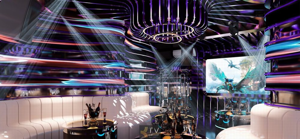 Thiết kế phòng karaoke hiện đại với ánh sáng LED đa tầng và nội thất sofa cao cấp trong giải pháp thi công karaoke trọn gói kèm hỗ trợ PCCC. 