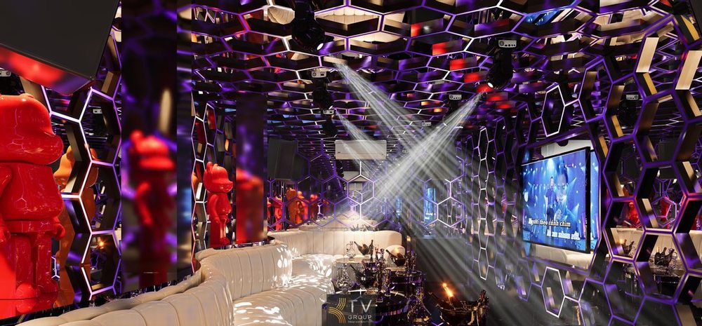 Thiết kế phòng karaoke phong cách hiện đại với ánh sáng LED nghệ thuật và bố trí nội thất khoa học trong dự án thi công karaoke trọn gói. 